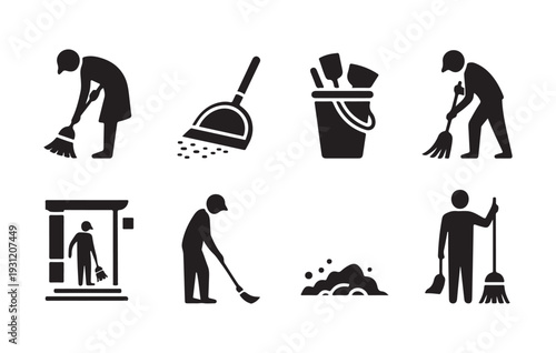 Cleaning and Janitorial Service Icon Set Minimalist Black Vector Silhouettes of Janitors Sweeping, Dustpans, Buckets, and Professional Maintenance Staff for Facility Management and Housekeeping Apps