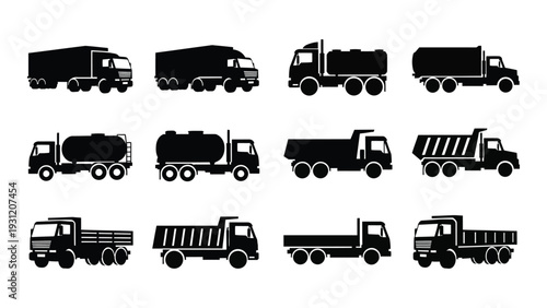 A collection of black silhouettes of various trucks isolated on white background, Vector