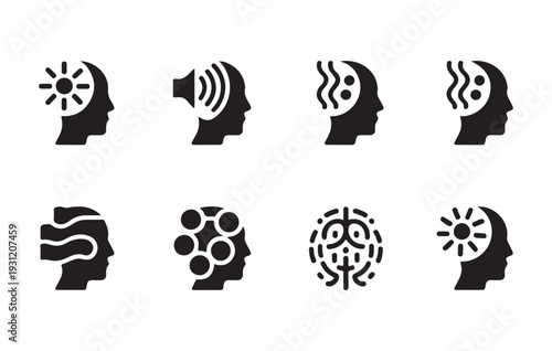 Mental Health and Human Psychology Concept Vector Icons Featuring Head Silhouettes with Brain Symbols for Neuroscience, Wellness, Artificial Intelligence, and Emotional Intelligence Branding