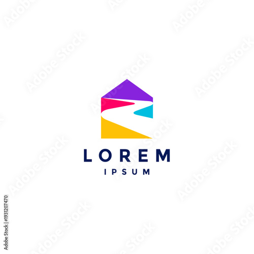 White Road Splitting Houses in Colorful Logo Design. Mountain and Coastal Road Form Colorful House Silhouettes Logo Design.