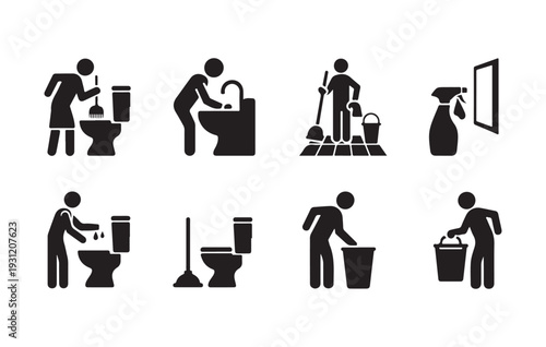 Cleaning and Janitorial Service Icon Set Minimalist Black Vector Silhouettes of Janitors Sweeping, Dustpans, Buckets, and Professional Maintenance Staff for Facility Management and Housekeeping Apps
