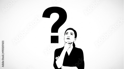 Woman thinking with a large question mark above her head.