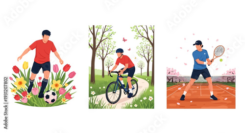 Active lifestyle with people enjoying sports outdoors in spring