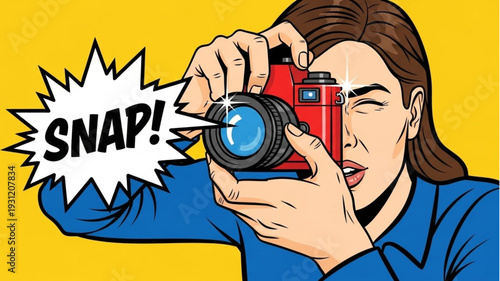 Woman taking a picture with a vintage camera pop art style.