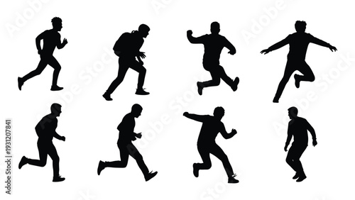 A group of running silhouettes in various poses isolated on white background, Vector