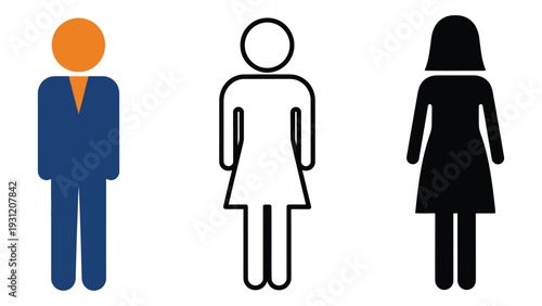 Three stick figures representing different genders isolated on white background, Vector