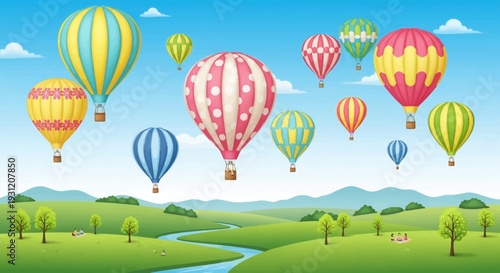 Vibrant hot air balloons flying over serene green landscape with stream
