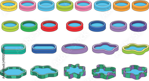 Inflatable Pool Illustration Set with Round and Shaped Backyard Swimming Pools for Summer Fun, Kids Water Play, and Vector Design Projects