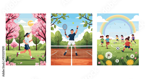 Vibrant illustrations of people enjoying outdoor sports and nature
