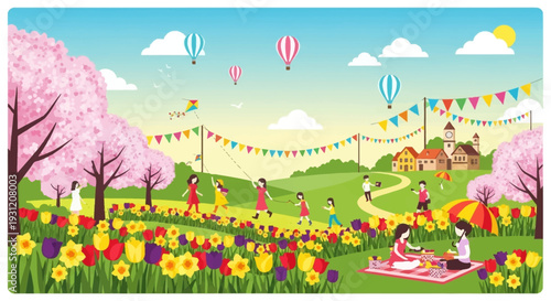 Vibrant spring festival scene with people enjoying picnic and flying kites in colorful flower field