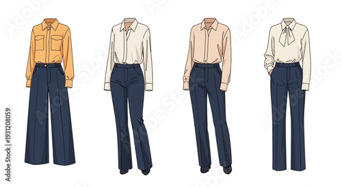 Four stylish business outfits with headless mannequins showcasing modern office wear