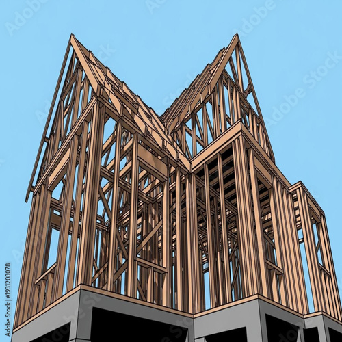 Wooden house frame construction against a blue sky.