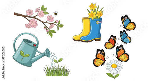 Vibrant spring garden scene with flowers, butterflies, and gardening tools