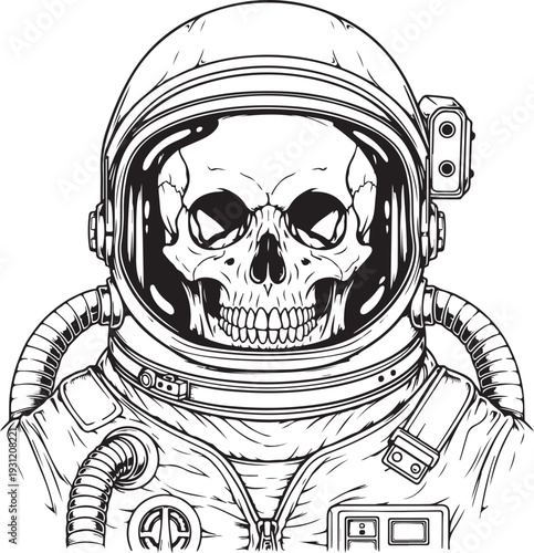 Skeleton astronaut wearing space helmet and suit monochrome vintage engraving vector illustration for t-shirt design posters and wall decor