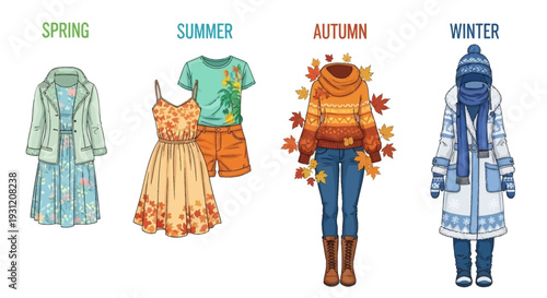 Seasonal fashion outfits for spring, summer, autumn, and winter