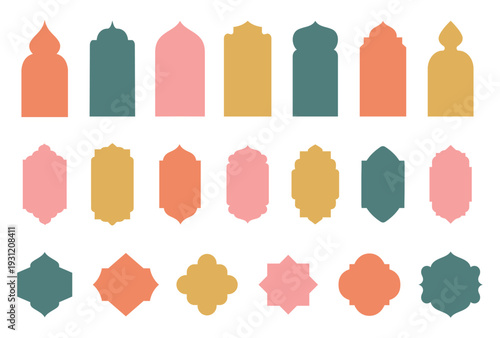 Old mosque windows shape in oriental style. Islamic door set, flat arabic frames or arabian arches silhouette. Muslim architecture geometric design elements, moroccan minimal arcs. Ramadan kareem gate