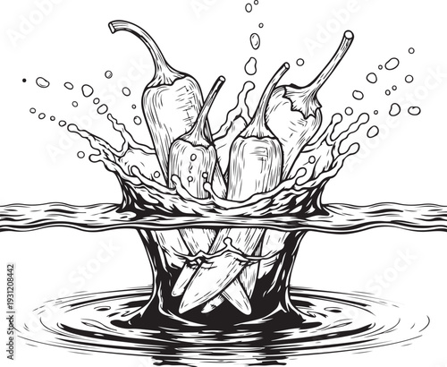 Spicy chili peppers, splashing water, dynamic, motion, food, cooking, fresh, healthy, vibrant, hot, flavor, culinary, liquid, drops, splashes, dark background, illustration, drawing, black and white, 