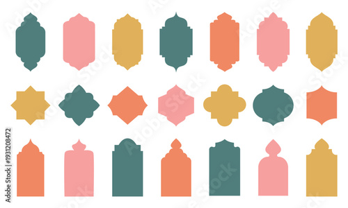 Shape Islamic door and window silhouette Arabic arch. Collection of patterns in oriental style. Frames in Arabic Muslim design for Ramadan Kareem. Vector mosque gate shape isolated on .
