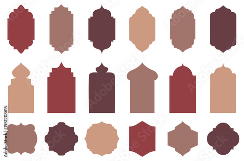Set of Islamic shape window frame in flat style. Arab frame set. Ramadan Kareem silhouette icon. Mosque gate. Islamic arabesque pattern. Vector mosque gate shape isolated on background.