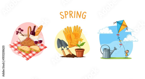 Vibrant spring activities illustrations for commercial use