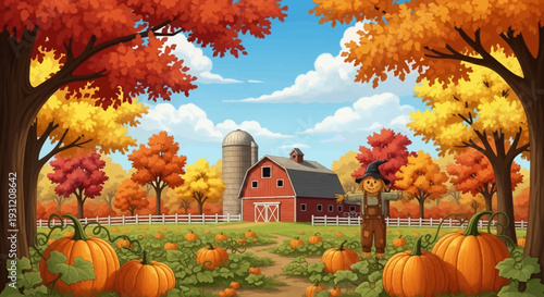 Vibrant autumn farm scene with scarecrow and pumpkins
