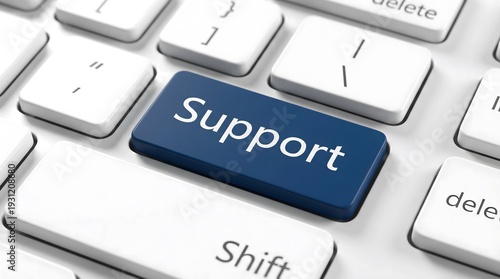 Close up of keyboard with highlighted support key, symbolizing help desk solutions, client service, IT assistance, troubleshooting, and professional online support systems.