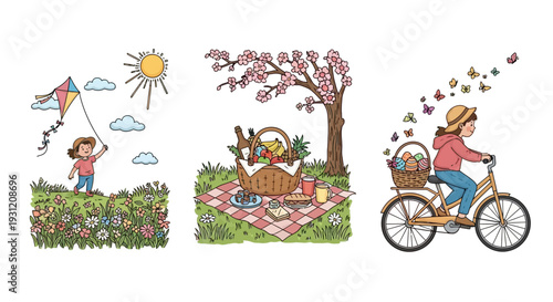 Girl enjoying spring outdoor activities with kite bicycle and picnic