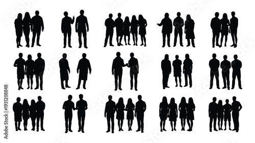 A collection of black silhouette images of people in various group settings isolated on white background, Vector