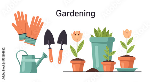 Gardening tools and plants in pots with gardening gloves