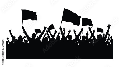 A crowd of people waving flags and cheering isolated on white background, Vector