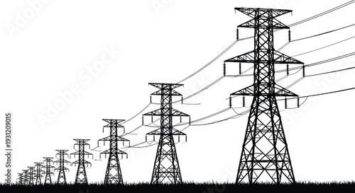Black and White Power Line Silhouette Vector Illustration Featuring High Voltage Electricity Pylons and Transmission Towers for Energy Infrastructure Design,