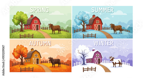 Four seasons farm scenes with barns and cows