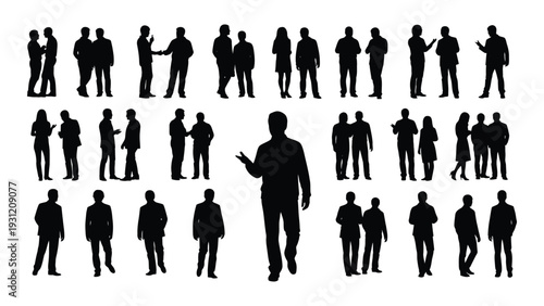 A collection of black silhouettes of people in various poses and outfits isolated on white background, Vector