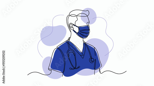 Continuous line art of a male surgeon wearing medical mask and stethoscope in blue scrubs with abstract shapes, concept for medical insurance, clinic marketing and hospital staff training