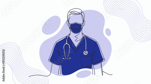 Continuous line art of a professional male surgeon wearing a face mask and stethoscope on abstract purple background, concept for healthcare insurance, medical blog and hospital advertising