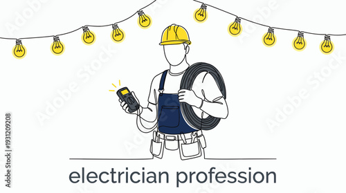 Professional electrician technician wearing hard hat and overalls holding multimeter and wire under light bulbs, concept for electrical service, industrial engineering and home repair ads