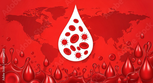 World Hemophilia Day Global Health Crisis Illustration Blood drop with red blood cells and virus particles, set against a world map, symbolizing medical challenges and disease awareness