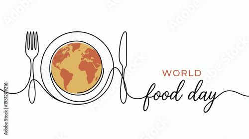 One line drawing of fork plate with earth globe and knife for world food day on white background, concept for hunger awareness, global food security and international charity event