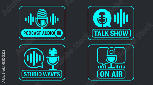 Set of neon turquoise podcast icons with microphones and sound wave graphics on black background, concept for digital radio branding, media advertising and studio streaming identity