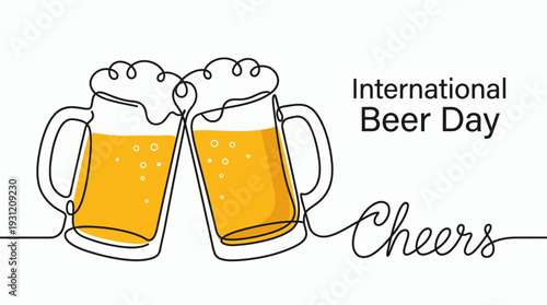 Continuous line art illustration of two clinking beer mugs with foam bubbles for international beer day celebration, concept for social gathering, festive celebration and brewery marketing