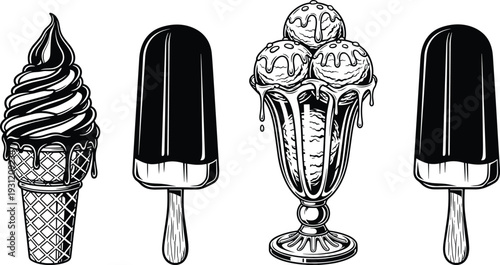 Vintage Black and White Ice Cream Illustration Set Featuring Soft Serve Cone Chocolate Popsicles and Sundae Glass in Engraved Line Art Style