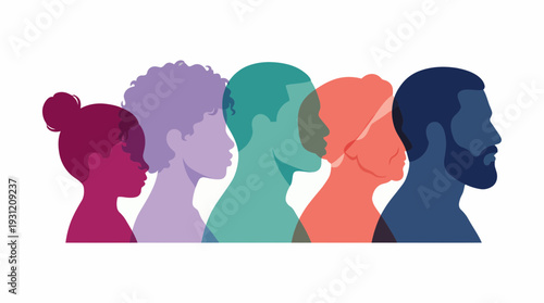 Colorful silhouettes of diverse managers and office workers in profile view on white background, concept for human resources recruitment, corporate diversity inclusion and professional team unity