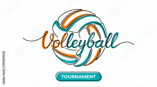 Minimalist one line art illustration of a volleyball with cursive lettering on white background, concept for sports branding, tournament promotion and athletic event advertising