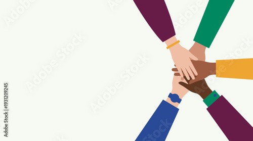 Diverse group of corporate executives and office managers stacking hands in a circle flat illustration, concept for professional teamwork, business collaboration and organizational unity