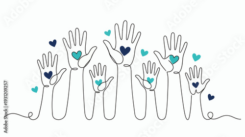 Minimalist continuous line drawing of diverse raised human hands with heart icons on white background, concept for corporate volunteering, non-profit charity and social support foundation