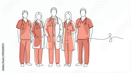 Diverse team of professional healthcare doctors and nurses standing in continuous line art style, concept for corporate health insurance, medical staff recruitment and hospital marketing