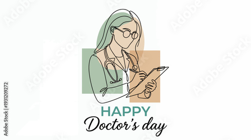 Female physician with stethoscope writing on clipboard in minimalist line art for happy doctor's day, concept for healthcare greeting, medical appreciation and hospital social media