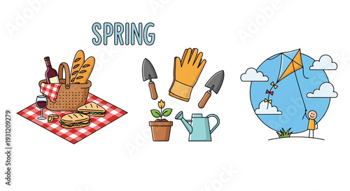 Vibrant spring activities illustration with picnic and gardening