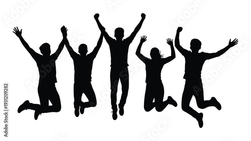 A group of people jumping in the air with their arms raised isolated on white background, Vector