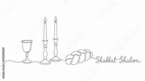 Continuous one line drawing of Shabbat symbols with candles, challah bread, wine goblet and Shabbat Shalom calligraphy text, concept for Jewish holiday greeting, religious ritual and invitation